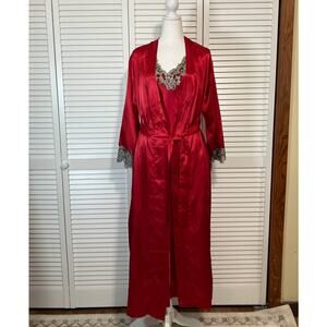 NWOT Silky Red Satin Silver Lace Long Rove Matching Nightgown Set Waist Tie S